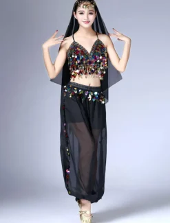 Belly Dance Costume Chiffon Red Women's Pants With Top And Headband