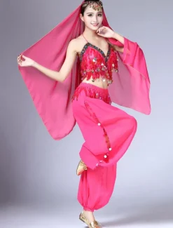 Belly Dance Costume Chiffon Red Women's Pants With Top And Headband