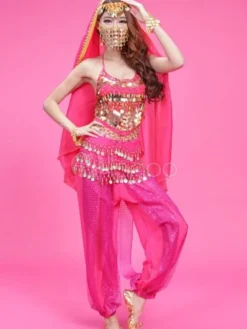 Belly Dance Costume Chiffon Rose Beaded Top With Pants And Veil Bollywood Dance Costume