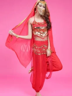 Belly Dance Costume Chiffon Rose Beaded Top With Pants And Veil Bollywood Dance Costume