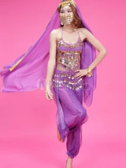 Belly Dance Costume Chiffon Rose Beaded Top With Pants And Veil Bollywood Dance Costume