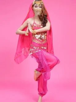 Belly Dance Costume Chiffon Rose Beaded Top With Pants And Veil Bollywood Dance Costume