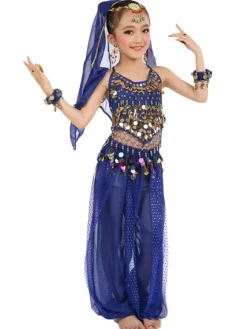 Belly Dance Costume Kids Blue Chiffon Sleeveless Indian Bollywood Dancing Costumes