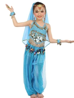 Belly Dance Costume Kids Blue Chiffon Sleeveless Indian Bollywood Dancing Costumes