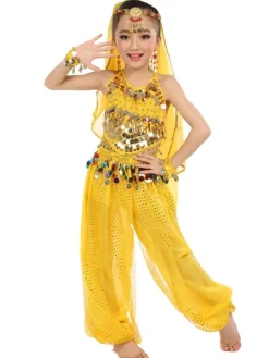 Belly Dance Costume Kids Blue Chiffon Sleeveless Indian Bollywood Dancing Costumes