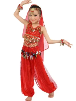 Belly Dance Costume Kids Blue Chiffon Sleeveless Indian Bollywood Dancing Costumes