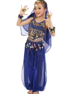 Belly Dance Costume Kids Blue Chiffon Sleeveless Indian Bollywood Dancing Costumes