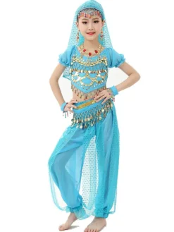 Belly Dance Costume Kids Light Green Chiffon Bollywood Indian Dancing Costumes