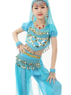 Belly Dance Costume Kids Light Green Chiffon Bollywood Indian Dancing Costumes