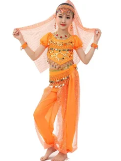 Belly Dance Costume Kids Light Green Chiffon Bollywood Indian Dancing Costumes