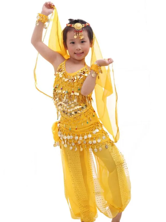Belly Dance Costume Kids Red Chiffon Sleeveless Indian Bollywood Dancing Costumes
