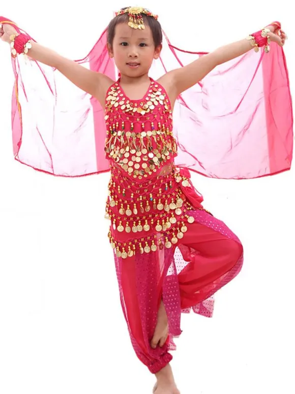 Belly Dance Costume Kids Red Chiffon Sleeveless Indian Bollywood Dancing Costumes