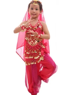 Belly Dance Costume Kids Red Chiffon Sleeveless Indian Bollywood Dancing Costumes