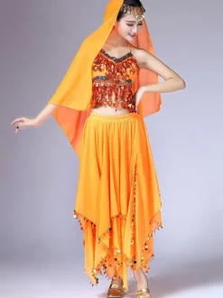 Belly Dance Costume Outfit Women Chiffon Skirt Top And Veil Bollywood Dancing Wear
