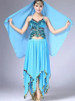 Belly Dance Costume Outfit Women Chiffon Skirt Top And Veil Bollywood Dancing Wear