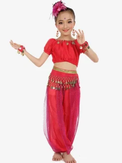 Belly Dance Costume Royal Blue Kids Chiffon Short Sleeve Indian Bollywood Dancing Costumes