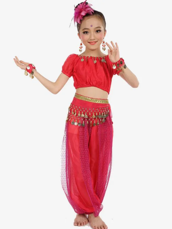 Belly Dance Costume Royal Blue Kids Chiffon Short Sleeve Indian Bollywood Dancing Costumes