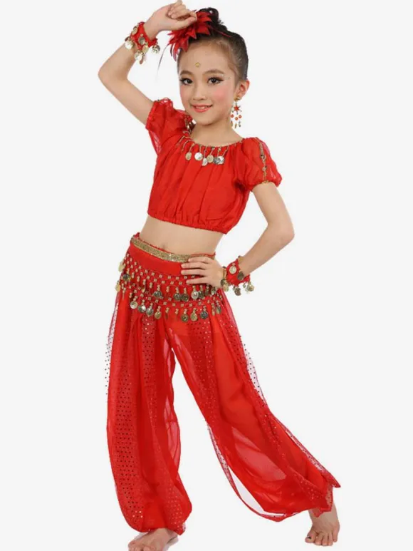 Belly Dance Costume Royal Blue Kids Chiffon Short Sleeve Indian Bollywood Dancing Costumes