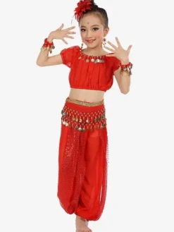 Belly Dance Costume Royal Blue Kids Chiffon Short Sleeve Indian Bollywood Dancing Costumes