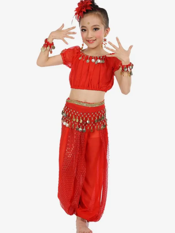 Belly Dance Costume Royal Blue Kids Chiffon Short Sleeve Indian Bollywood Dancing Costumes