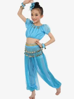 Belly Dance Costume Royal Blue Kids Chiffon Short Sleeve Indian Bollywood Dancing Costumes