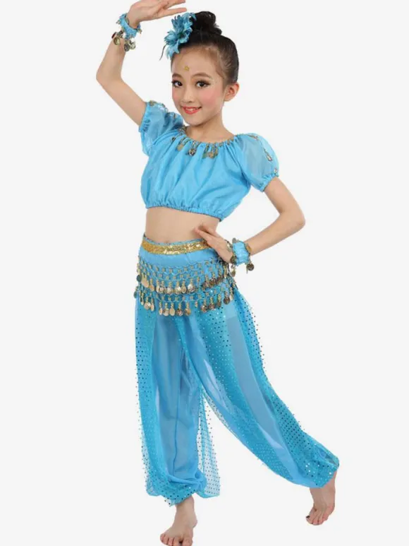 Belly Dance Costume Royal Blue Kids Chiffon Short Sleeve Indian Bollywood Dancing Costumes