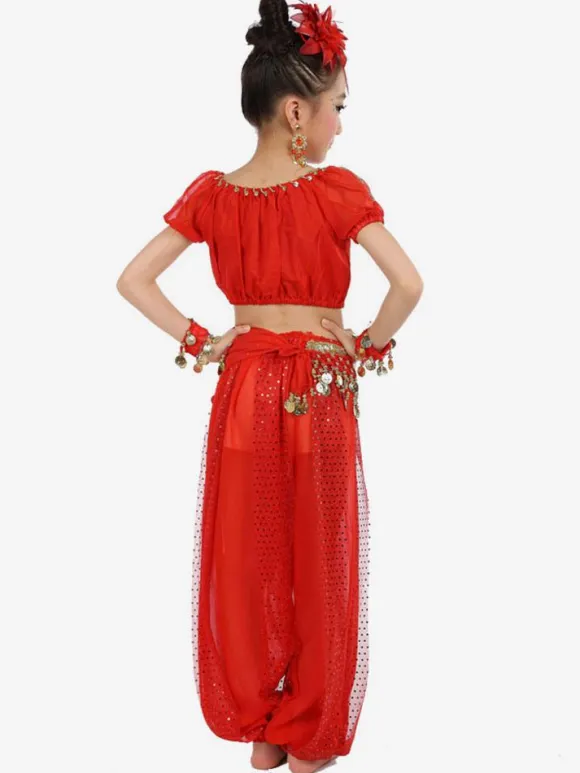 Belly Dance Costume Royal Blue Kids Chiffon Short Sleeve Indian Bollywood Dancing Costumes