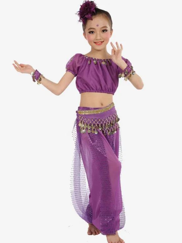 Belly Dance Costume Royal Blue Kids Chiffon Short Sleeve Indian Bollywood Dancing Costumes