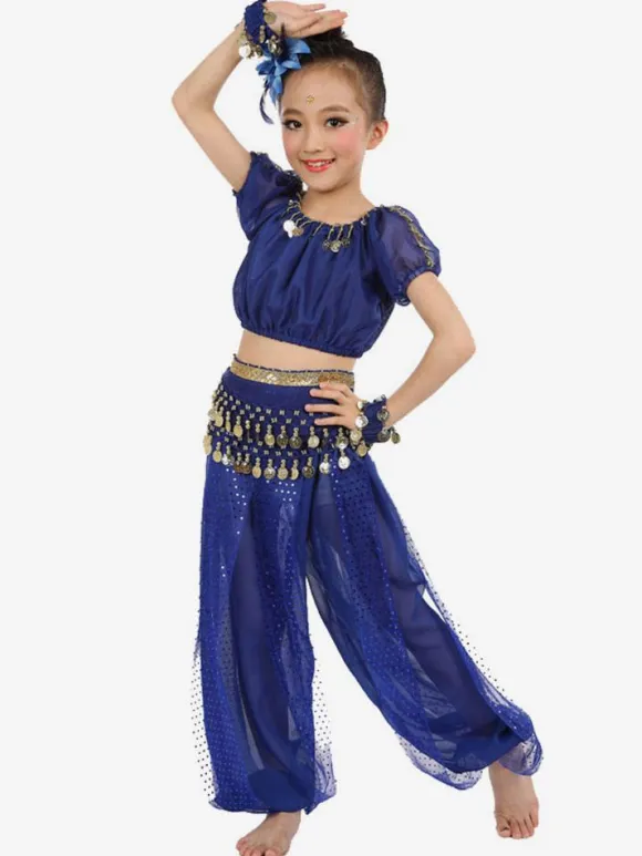 Belly Dance Costume Royal Blue Kids Chiffon Short Sleeve Indian Bollywood Dancing Costumes