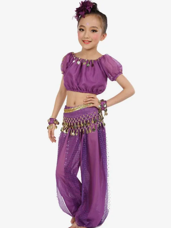 Belly Dance Costume Royal Blue Kids Chiffon Short Sleeve Indian Bollywood Dancing Costumes