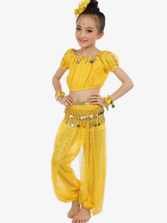 Belly Dance Costume Royal Blue Kids Chiffon Short Sleeve Indian Bollywood Dancing Costumes