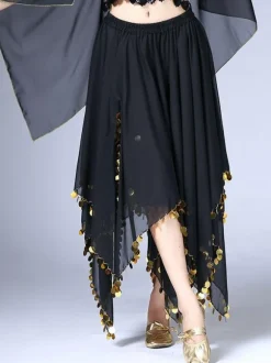 Belly Dance Costume Skirt Red Women Chiffon Sequin Dancing Bottoms