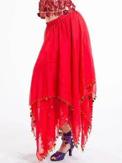 Belly Dance Costume Skirt Red Women Chiffon Sequin Dancing Bottoms