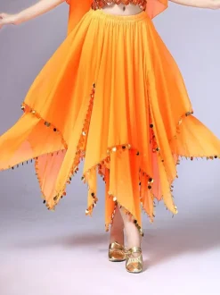 Belly Dance Costume Skirt Red Women Chiffon Sequin Dancing Bottoms