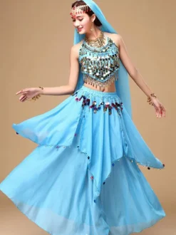 Belly Dance Costume Women's Red Sparkle Chiffon Bollywood Dance Dress