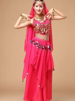 Belly Dance Costume Women's Red Sparkle Chiffon Bollywood Dance Dress