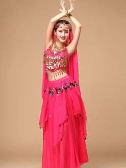 Belly Dance Costume Women's Red Sparkle Chiffon Bollywood Dance Dress