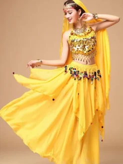 Belly Dance Costume Women's Red Sparkle Chiffon Bollywood Dance Dress