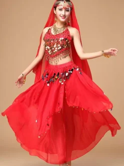 Belly Dance Costume Women's Red Sparkle Chiffon Bollywood Dance Dress