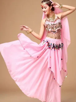Belly Dance Costume Women's Red Sparkle Chiffon Bollywood Dance Dress