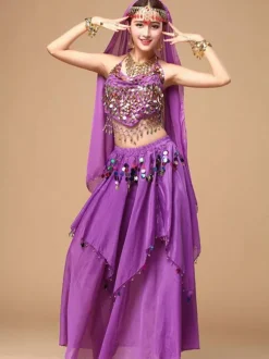 Belly Dance Costume Women's Red Sparkle Chiffon Bollywood Dance Dress