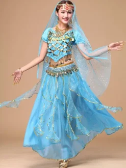 Belly Dance Costume Yellow Chiffon Sparkle Bollywood Dance Dress for Women
