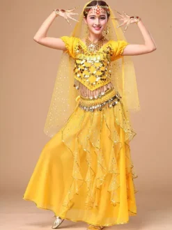 Belly Dance Costume Yellow Chiffon Sparkle Bollywood Dance Dress for Women