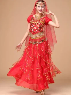 Belly Dance Costume Yellow Chiffon Sparkle Bollywood Dance Dress for Women