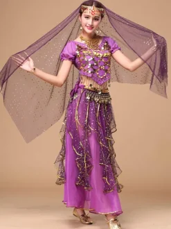 Belly Dance Costume Yellow Chiffon Sparkle Bollywood Dance Dress for Women