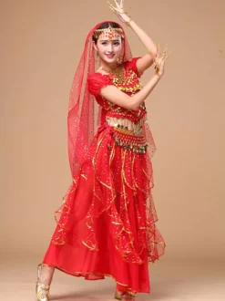 Belly Dance Costume Yellow Chiffon Sparkle Bollywood Dance Dress for Women