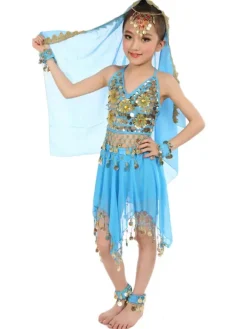 Belly Dance Costumes Kids Chiffon Red Sleeveless Indian Bollywood Dancing Dresses