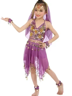 Belly Dance Costumes Kids Chiffon Red Sleeveless Indian Bollywood Dancing Dresses