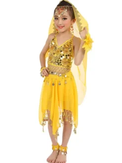 Belly Dance Costumes Kids Chiffon Red Sleeveless Indian Bollywood Dancing Dresses