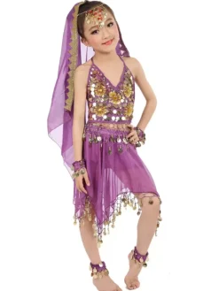 Belly Dance Costumes Kids Chiffon Red Sleeveless Indian Bollywood Dancing Dresses
